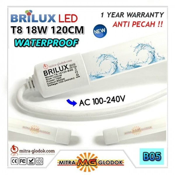 LED Neon Panjang TL T8 Tube 18W 120 cm | Brilux - Single Ended (Waterproof)